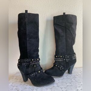 Zigi Soho~Black Suede Leather~Knee High~Pull-On~Boots~Rivet Strap Detail~Size 9